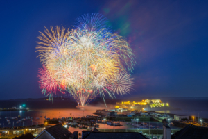 Liberation Day firework display over St Peter Port harbour.